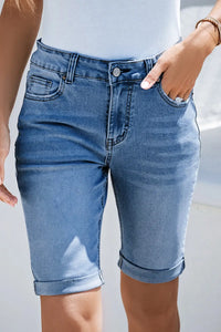 Thumbnail for Sky Blue Acid Wash Roll-up Edge Bermuda Short Jeans-5