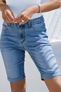 Thumbnail for Sky Blue Acid Wash Roll-up Edge Bermuda Short Jeans-4