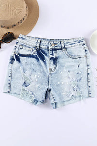 Thumbnail for Sky Blue Distressed Bleached Denim Shorts-2