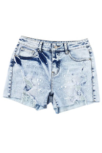 Thumbnail for Sky Blue Distressed Bleached Denim Shorts-10