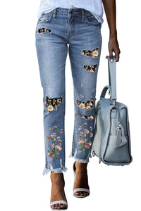 Thumbnail for Sky Blue Printed Patch Ripped Skinny Jeans-2