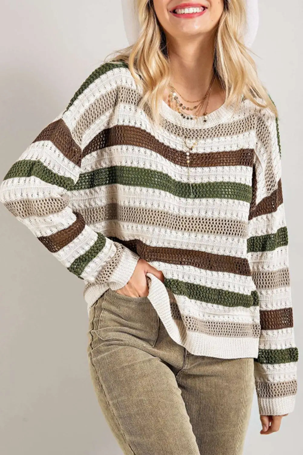 Stripe Crochet Hollow out Knit Sweater-0