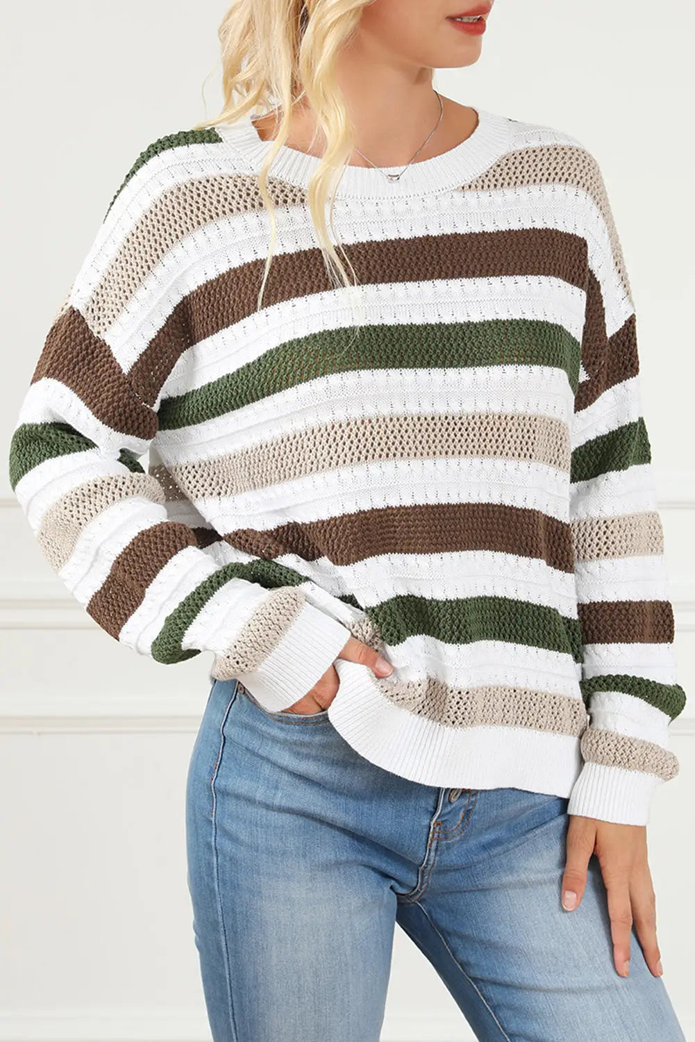 Stripe Crochet Hollow out Knit Sweater-3