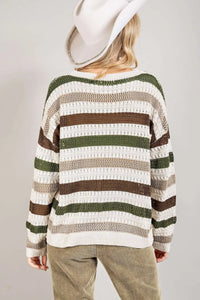 Thumbnail for Stripe Crochet Hollow out Knit Sweater-1
