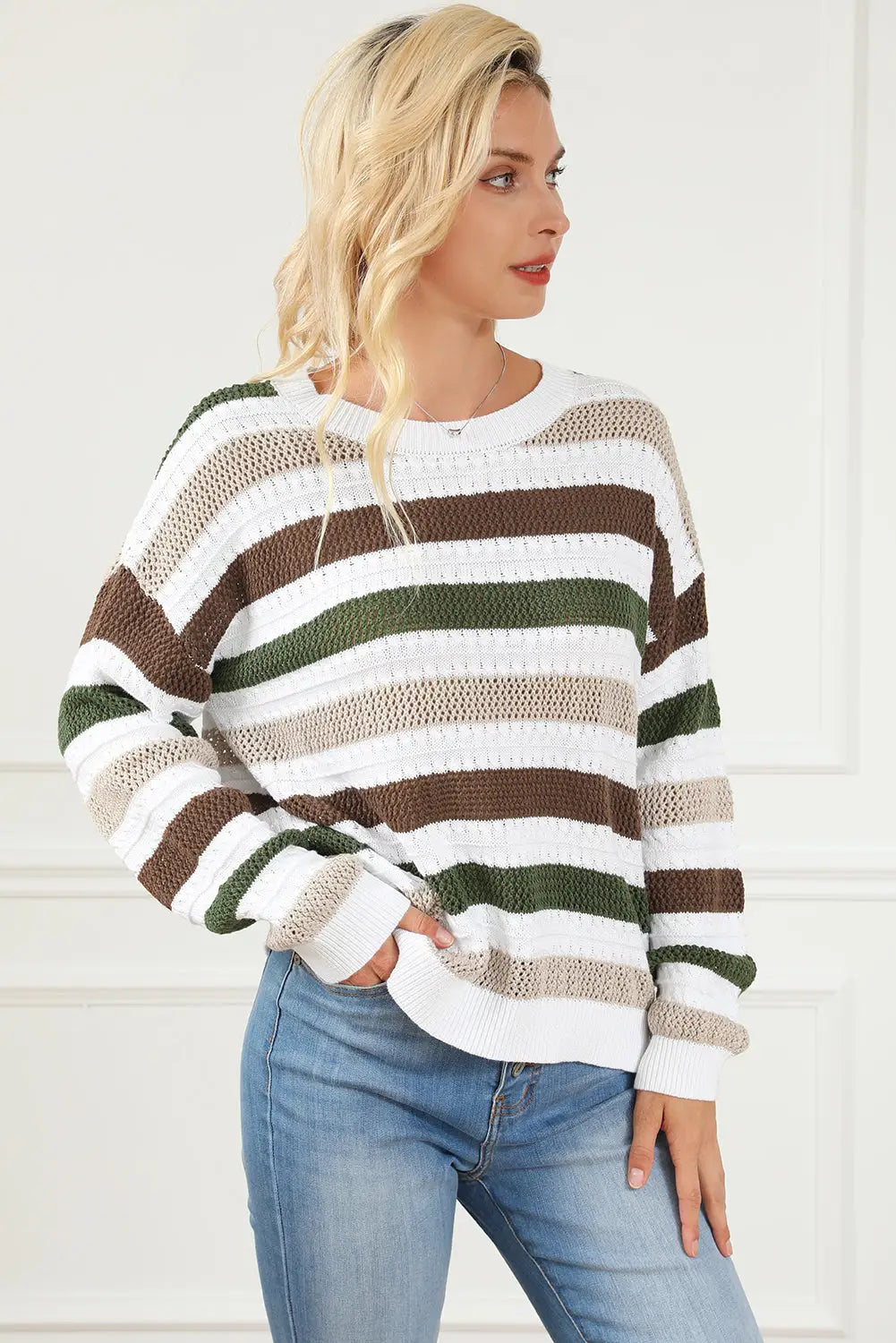 Stripe Crochet Hollow out Knit Sweater-5