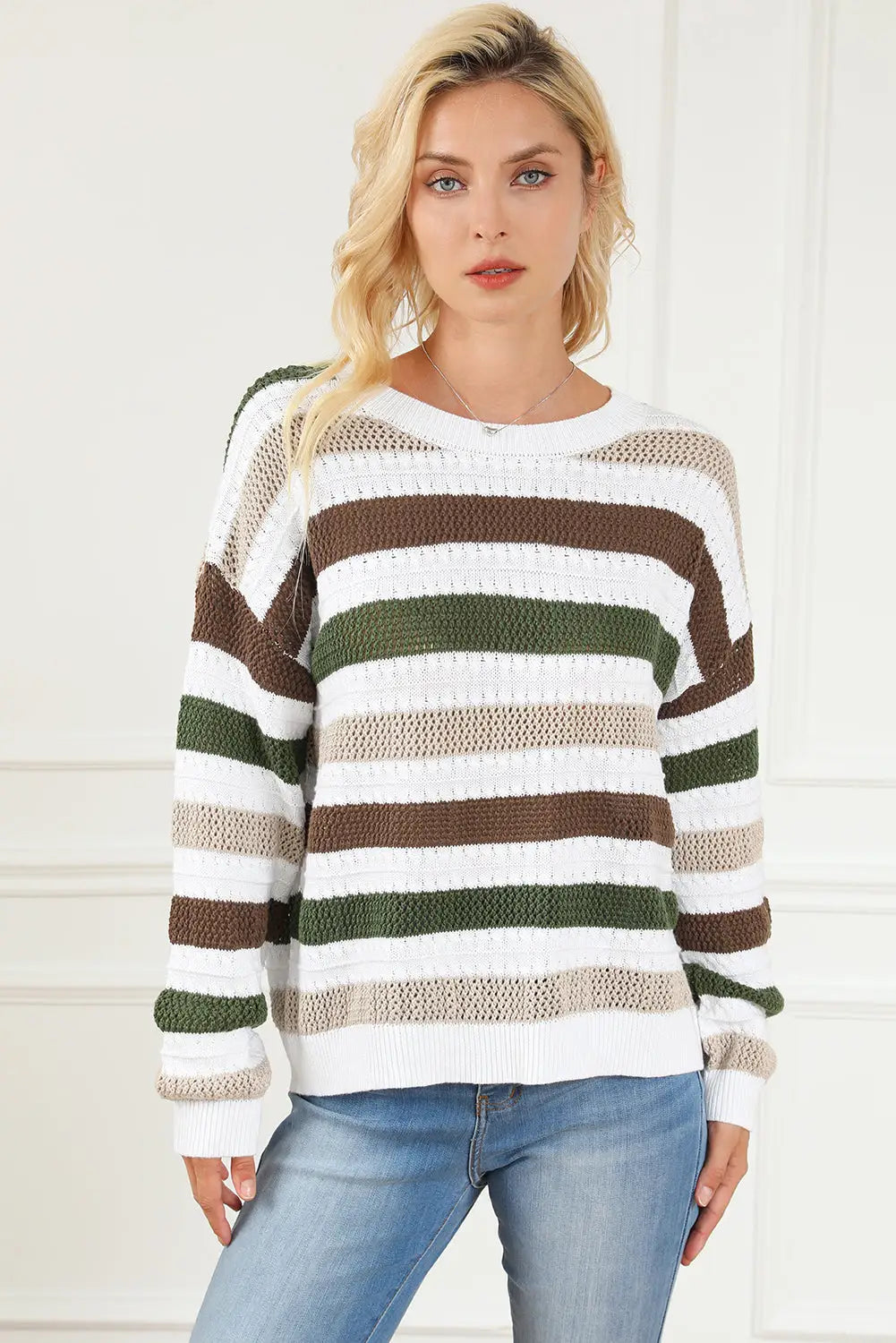 Stripe Crochet Hollow out Knit Sweater-7