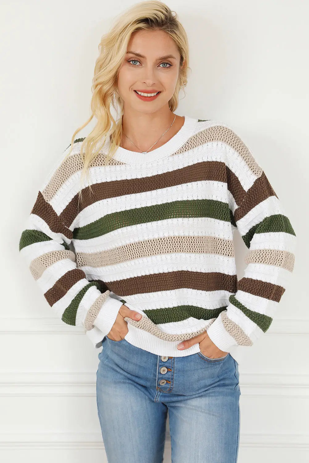 Stripe Crochet Hollow out Knit Sweater-9