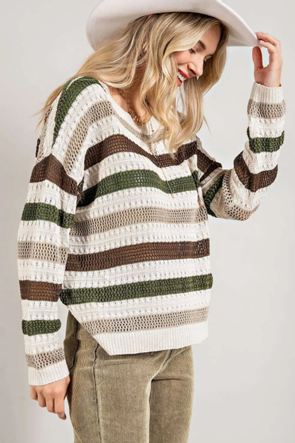 Stripe Crochet Hollow out Knit Sweater-2