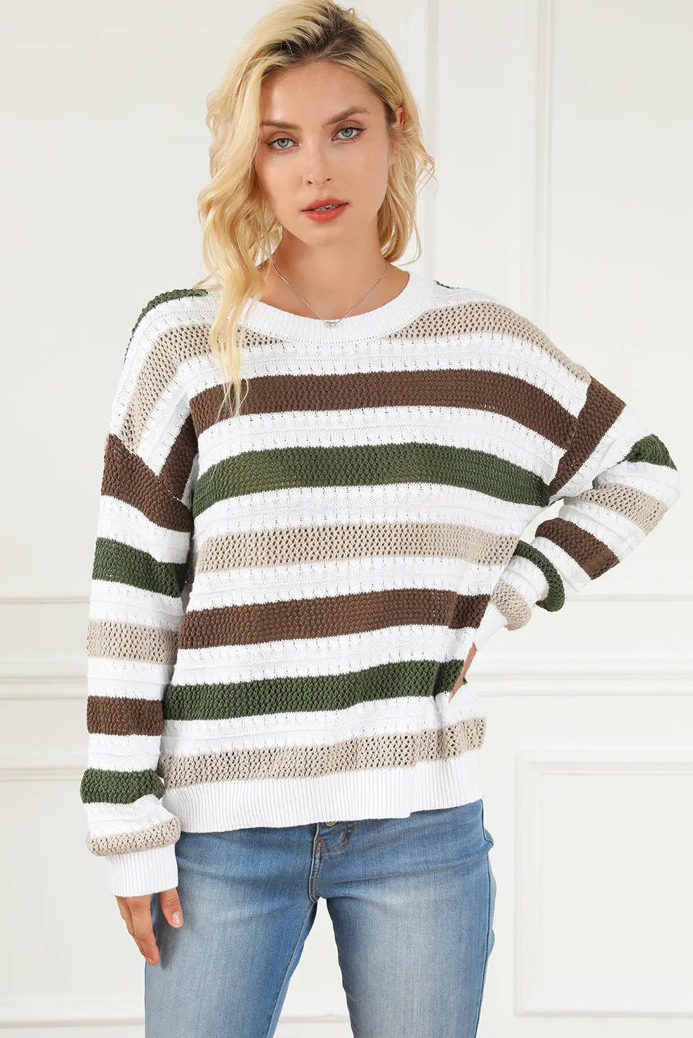 Stripe Crochet Hollow out Knit Sweater-6