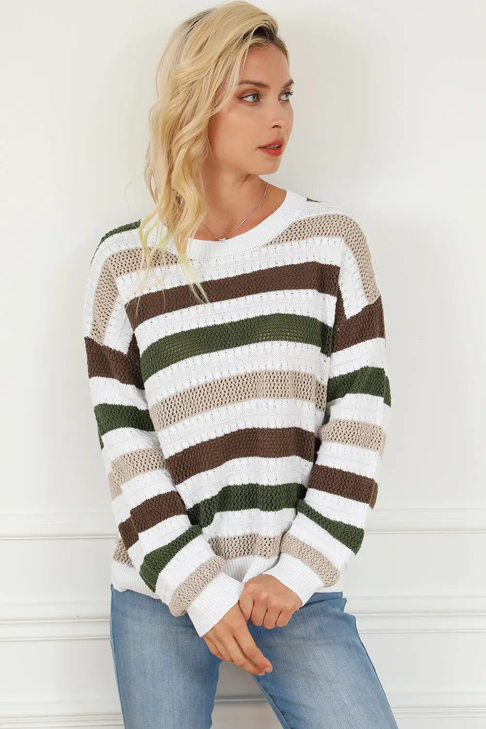 Stripe Crochet Hollow out Knit Sweater-8