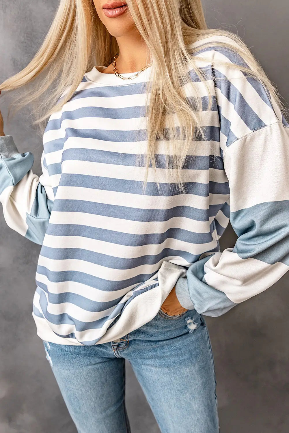 Stripe Drop Shoulder Striped Pullover Sweatshirt-0