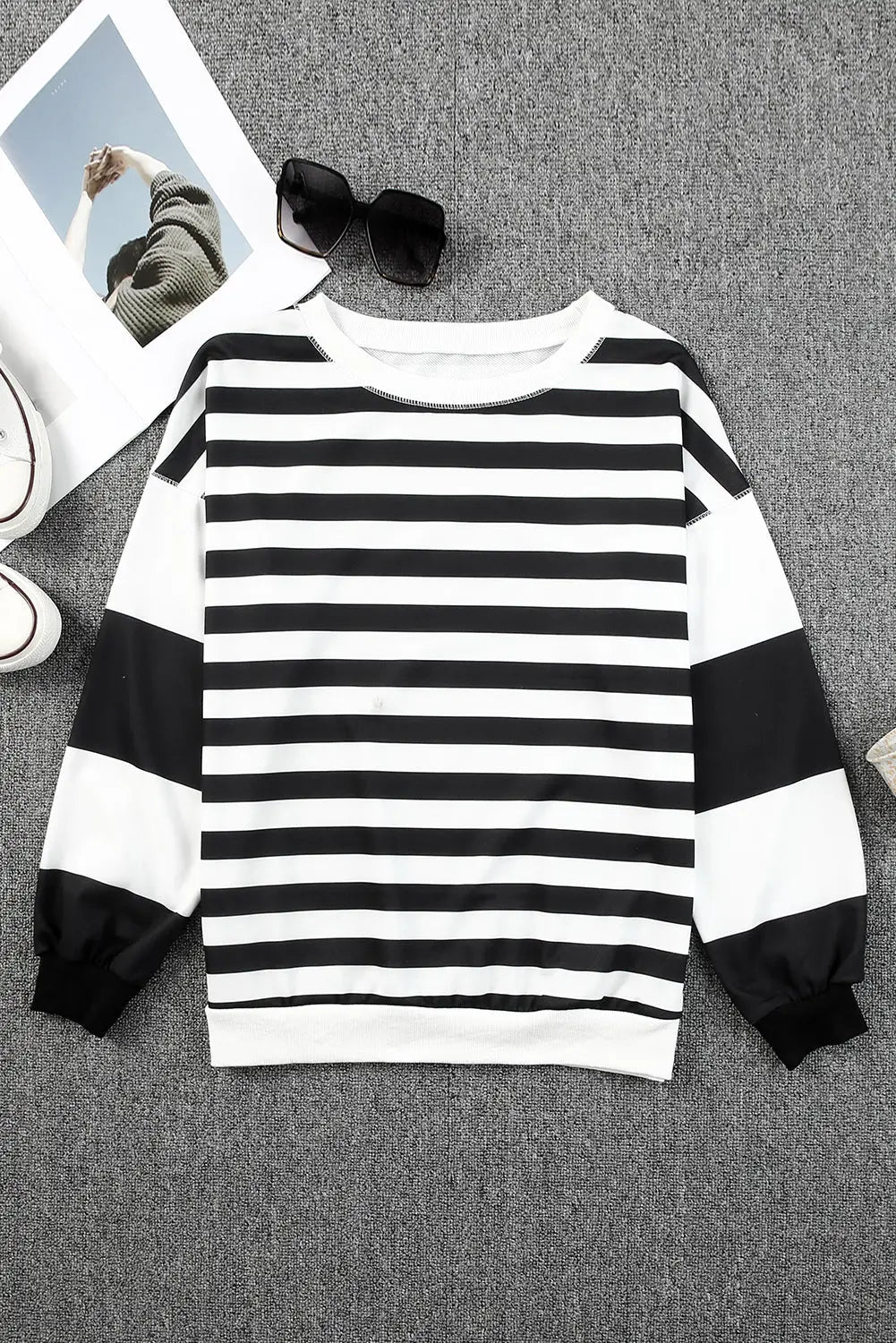 Stripe Drop Shoulder Striped Pullover Sweatshirt-16