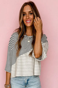 Thumbnail for Striped Patchwork Short Sleeve Top-5
