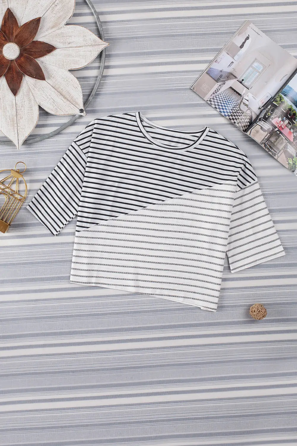 Striped Patchwork Short Sleeve Top-7