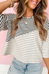 Thumbnail for Striped Patchwork Short Sleeve Top-3