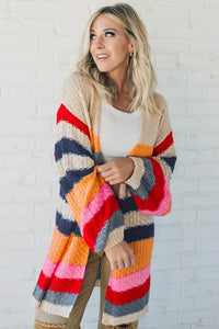 Thumbnail for Stripes Knitted Balloon Sleeve Open Cardigan-3