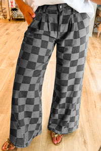 Thumbnail for Urban Checkered Charcoal Denim – Wide Leg Jeans-0