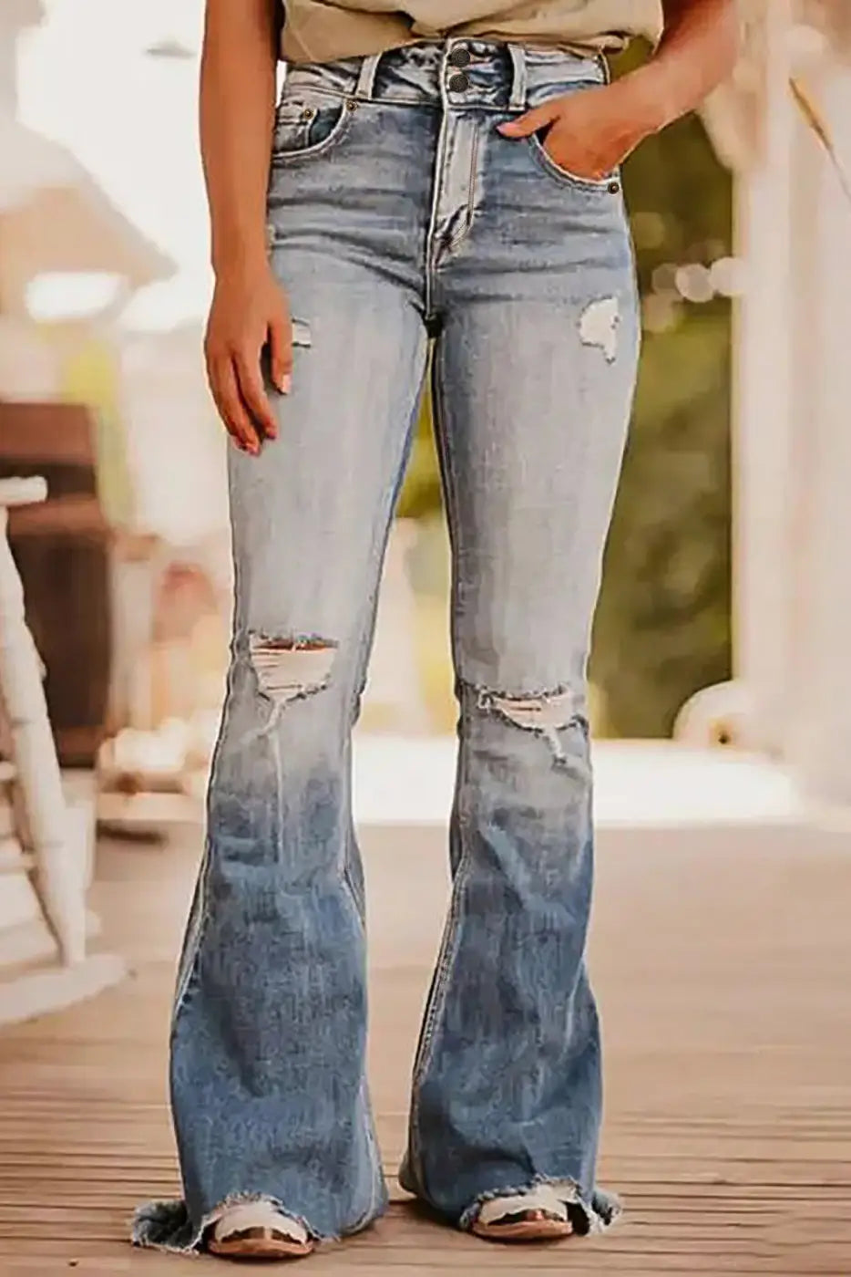 Vintage Ripped Raw Edge Flare Jeans-0