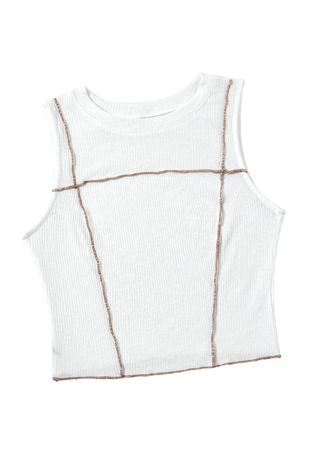 White Contrast Seams Ribbed Tank Top-12