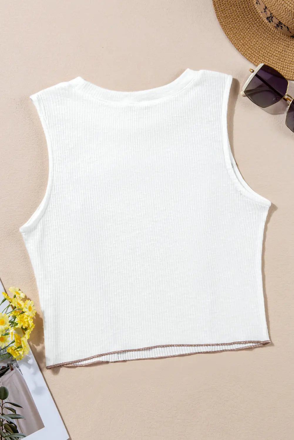 White Contrast Seams Ribbed Tank Top-5