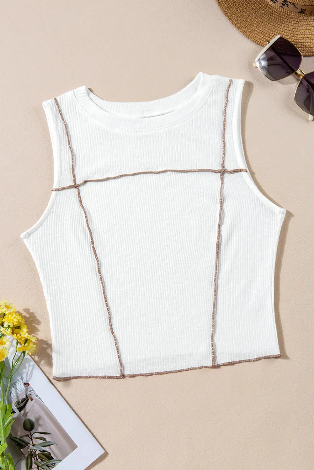 White Contrast Seams Ribbed Tank Top-4