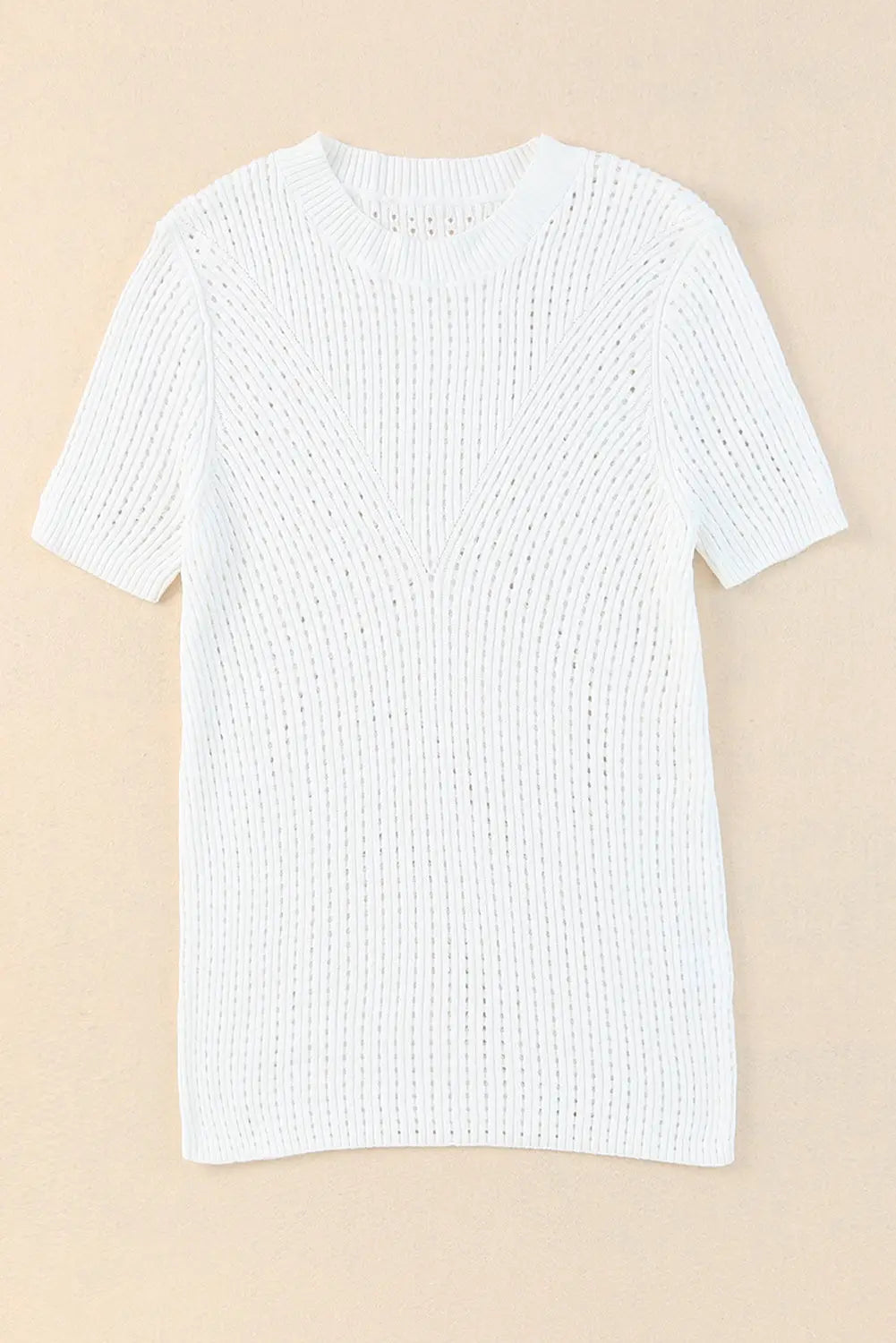 White Hollow-out Knitted Short Sleeve T Shirt-4