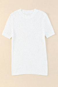 Thumbnail for White Hollow-out Knitted Short Sleeve T Shirt-4