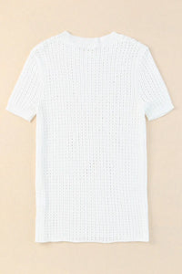 Thumbnail for White Hollow-out Knitted Short Sleeve T Shirt-5