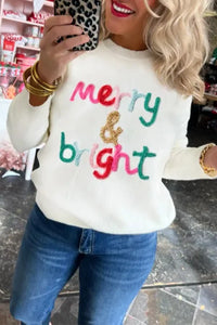 Thumbnail for White Merry & Bright Round Neck Casual Sweater-0