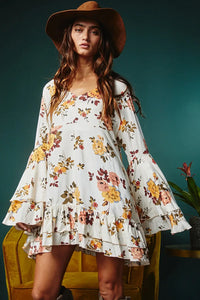 Thumbnail for White Printed Floral Print Layered Sleeve Mini Dress-2