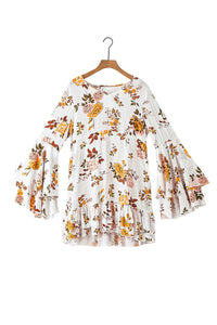 Thumbnail for White Printed Floral Print Layered Sleeve Mini Dress-15