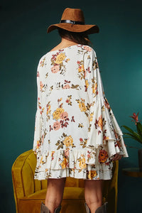 Thumbnail for White Printed Floral Print Layered Sleeve Mini Dress-1