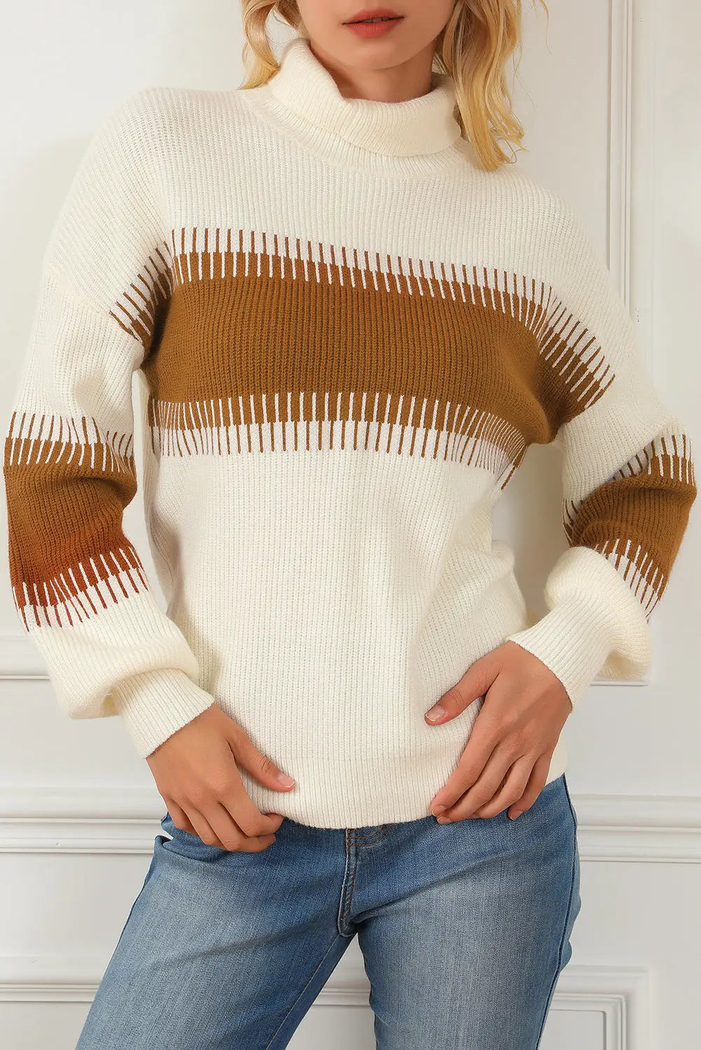 White Printed Patchwork Turtle Neck Knitted Sweater-0