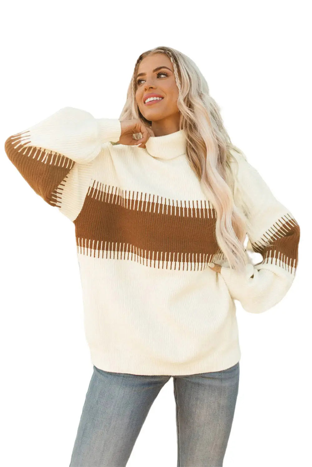 White Printed Patchwork Turtle Neck Knitted Sweater-9