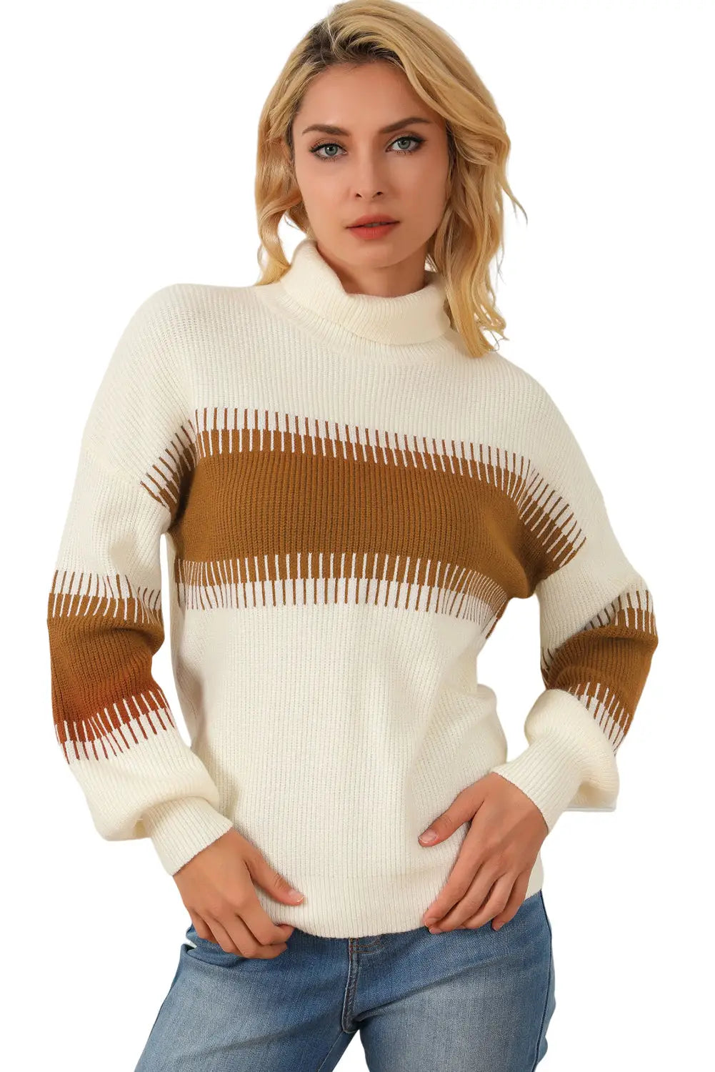 White Printed Patchwork Turtle Neck Knitted Sweater-13