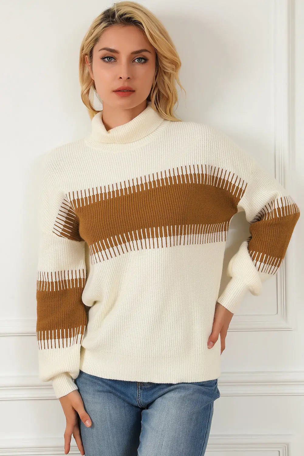 White Printed Patchwork Turtle Neck Knitted Sweater-3