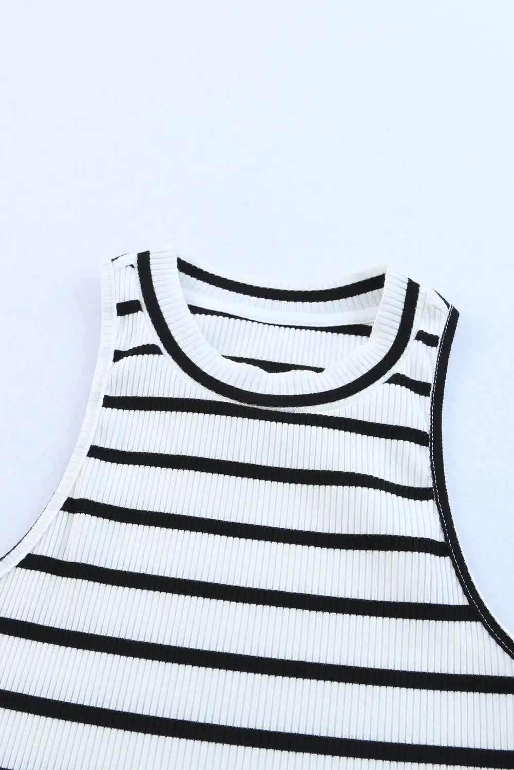White Striped Print Ribbed O-neck Sleeveless Top-9