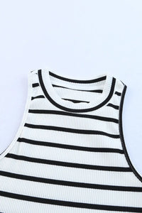 Thumbnail for White Striped Print Ribbed O-neck Sleeveless Top-9