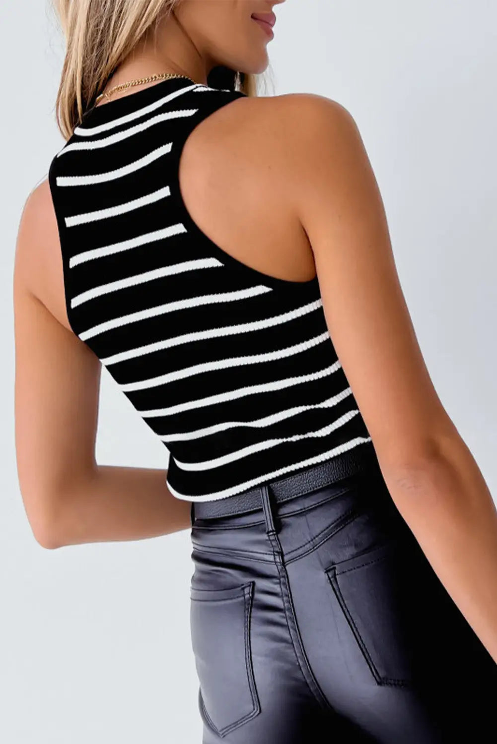 White Striped Print Ribbed O-neck Sleeveless Top-24