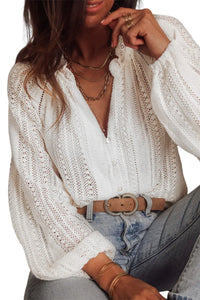 Thumbnail for White V-Neck Long Sleeve Button Up Lace Shirt-39