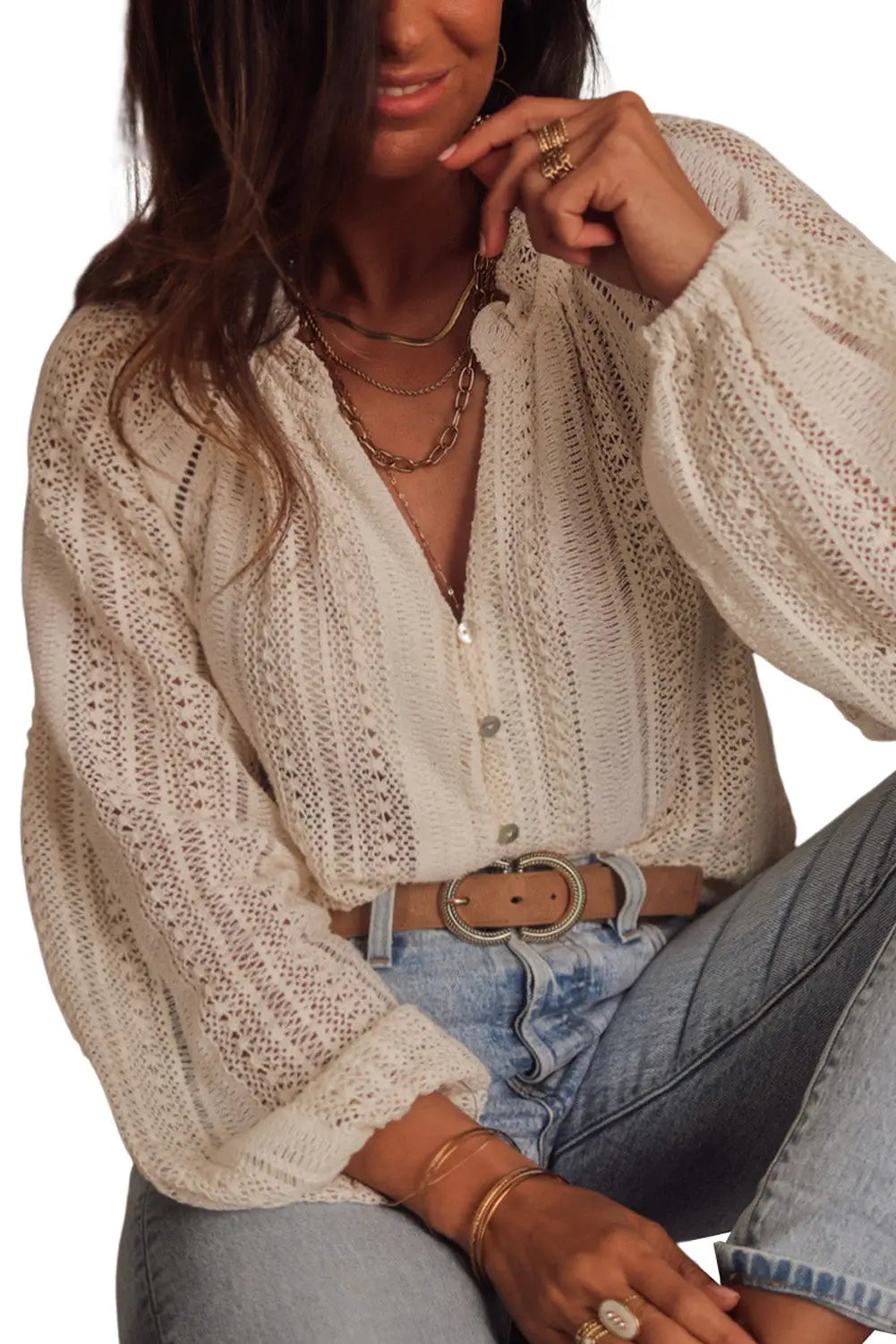 White V-Neck Long Sleeve Button Up Lace Shirt-68