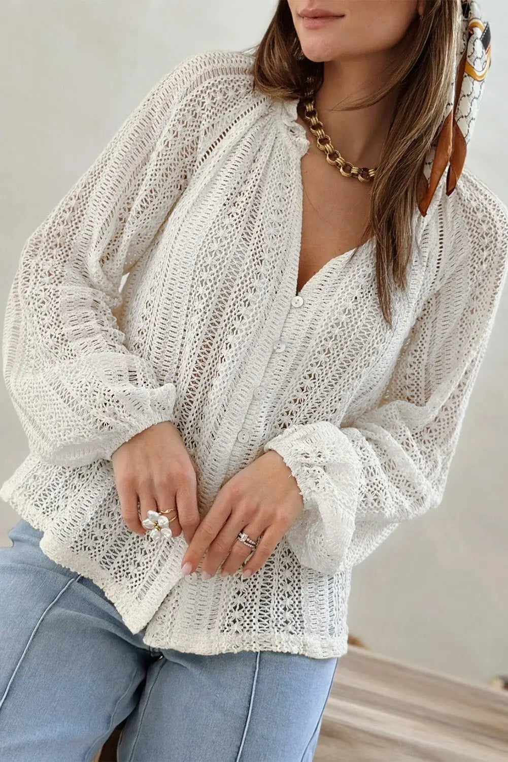 White V-Neck Long Sleeve Button Up Lace Shirt-36