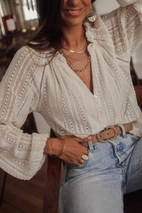 Thumbnail for White V-Neck Long Sleeve Button Up Lace Shirt-2