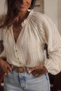 Thumbnail for White V-Neck Long Sleeve Button Up Lace Shirt-66