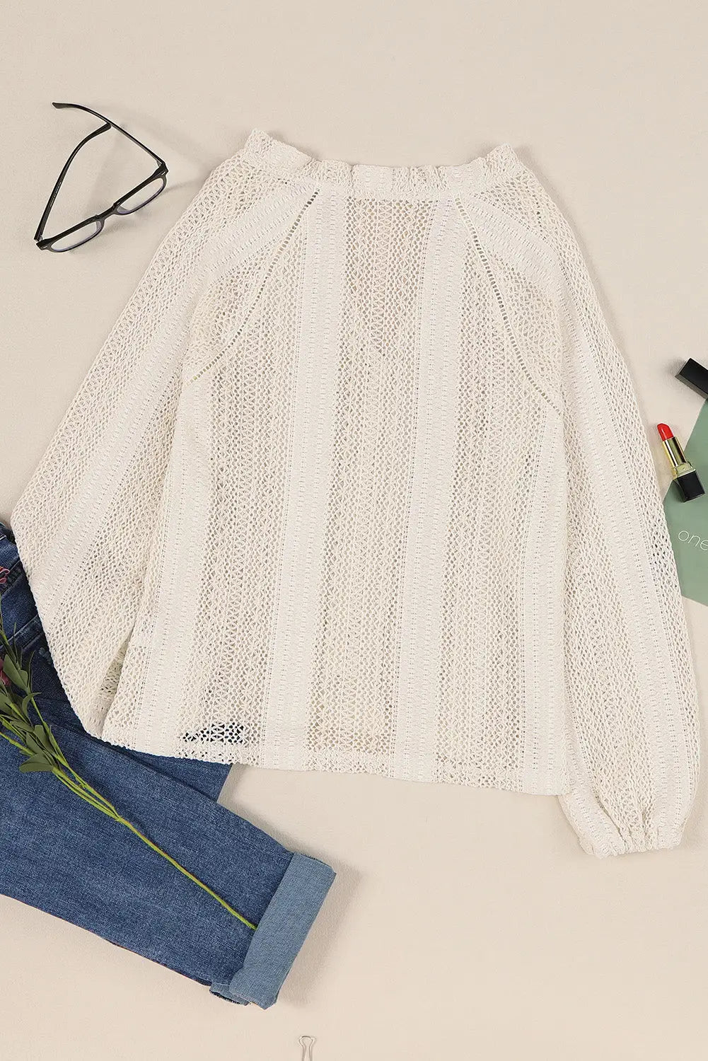White V-Neck Long Sleeve Button Up Lace Shirt-9