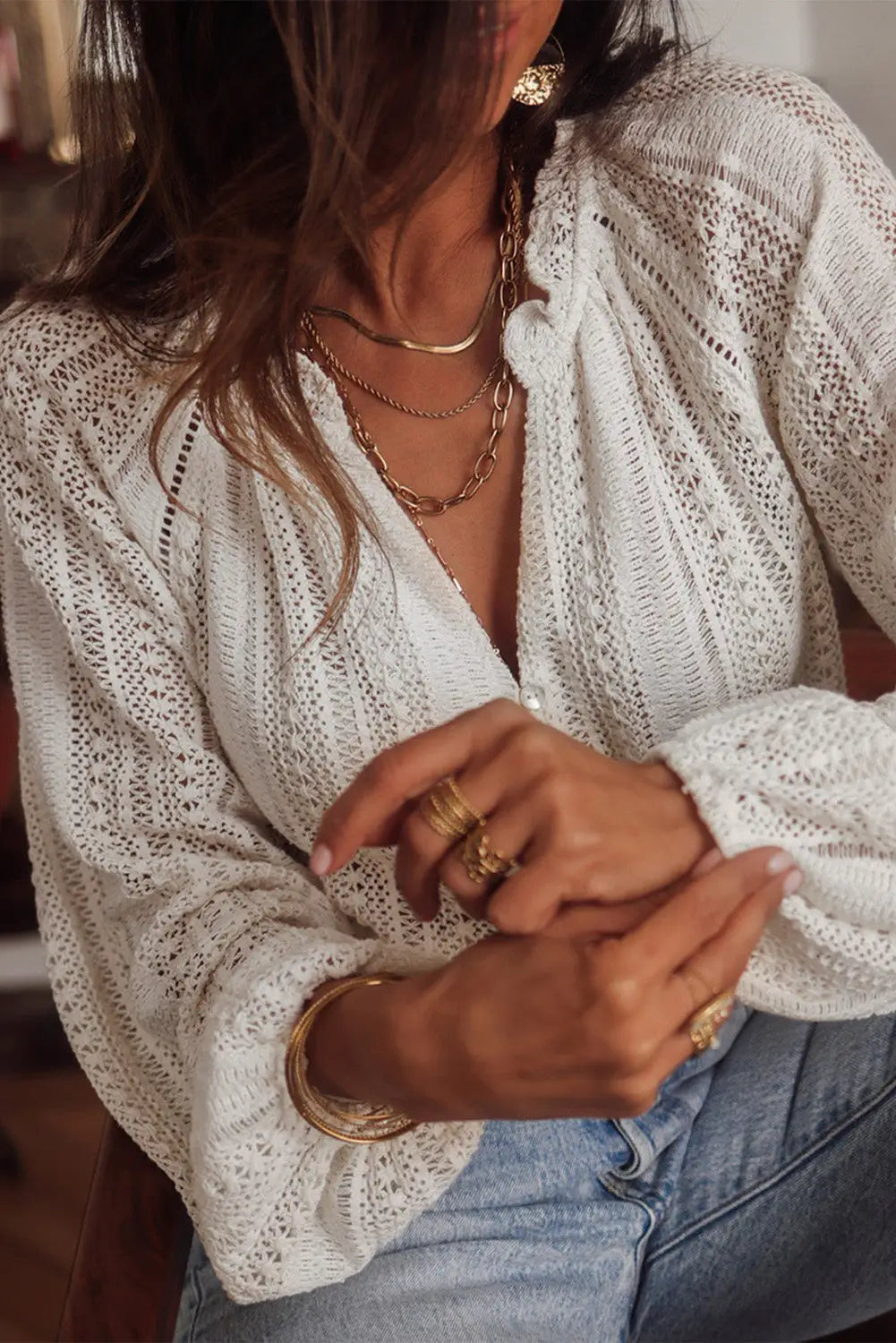 White V-Neck Long Sleeve Button Up Lace Shirt-31