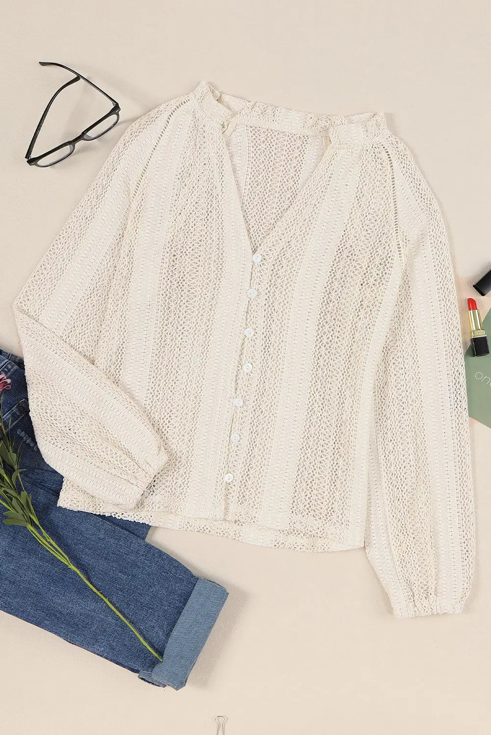 White V-Neck Long Sleeve Button Up Lace Shirt-8