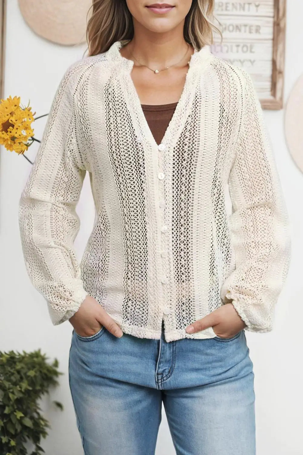 White V-Neck Long Sleeve Button Up Lace Shirt-6