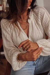Thumbnail for White V-Neck Long Sleeve Button Up Lace Shirt-4