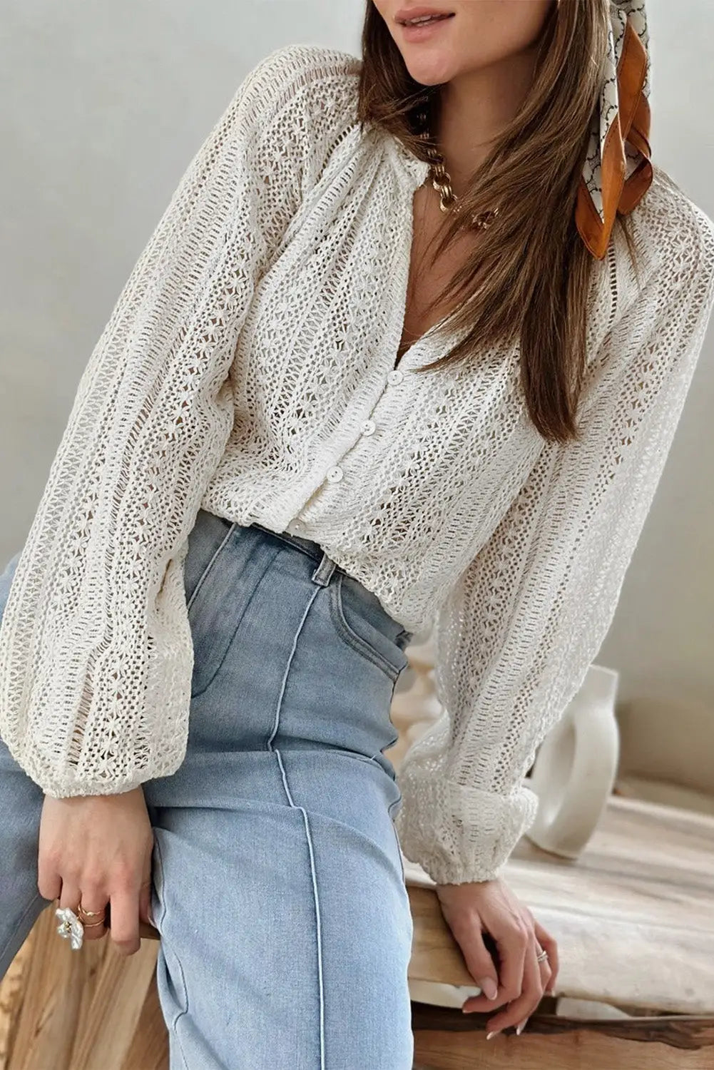 White V-Neck Long Sleeve Button Up Lace Shirt-37